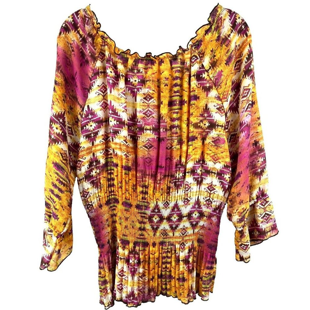 Nikola Top L Boho Pink Purple White Tribal Aztec Chiffon Smocking Sheer‎ Hippie